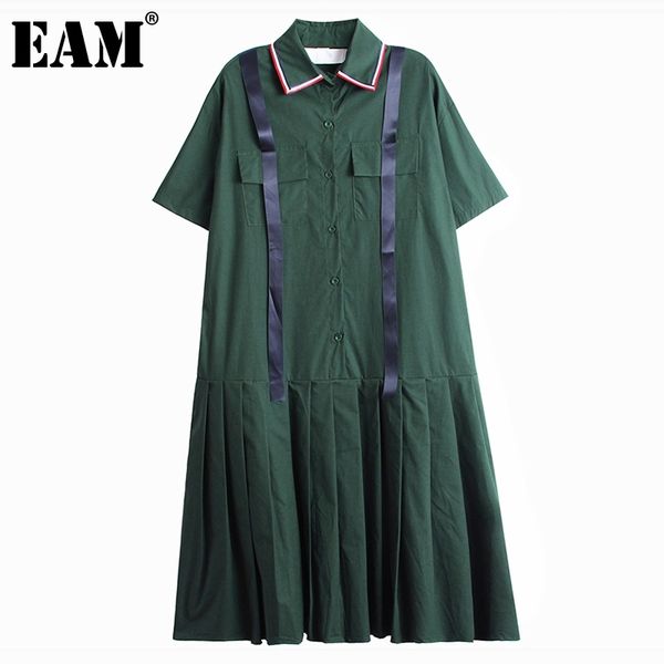 

[eam] women green contrast color pleated big size dress lapel short sleeve loose fit fashion spring summer 1dd7476 21512, Black;gray