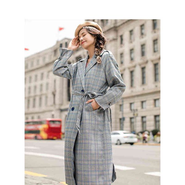 

coats spring autumn turn down collar with a belt long women plaid pattern outerwear coat jcr8, Tan;black