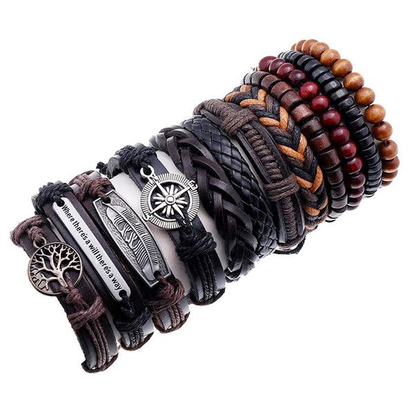 Armreif 12 teile/satz Schwarz Wrap Woven Mode Handgemachte Männer Armbänder Männliche Frauen Leder Armband Großhandel Schmuck Geschenk