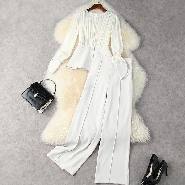 

women's two piece pants european and american women's autumn 2021 long sleeve crimp shirt wide-legged fashion suits, White