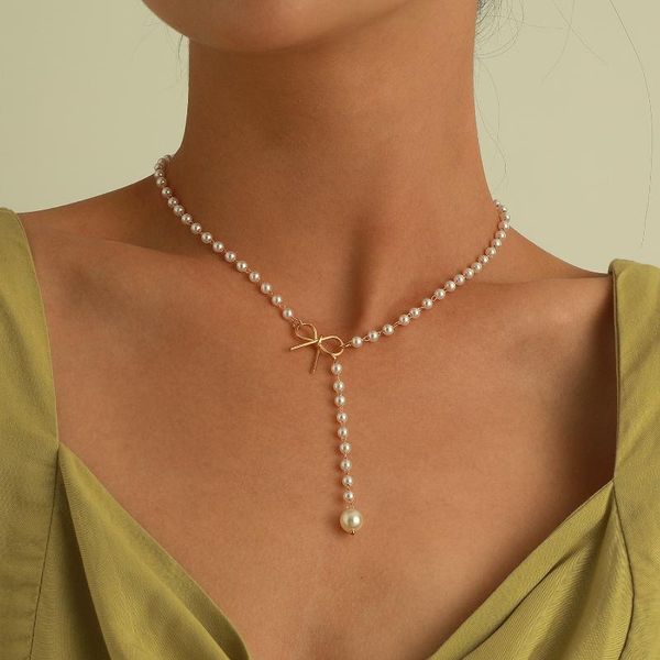 

pendant necklaces states alloy bowknot pearl tassel necklace ms contracted temperament sautoir, Silver