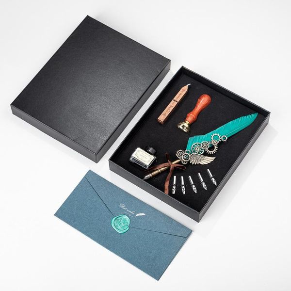 

european style retro feather pen set, dipping fountain pen, gear paint set stationary supplies pens