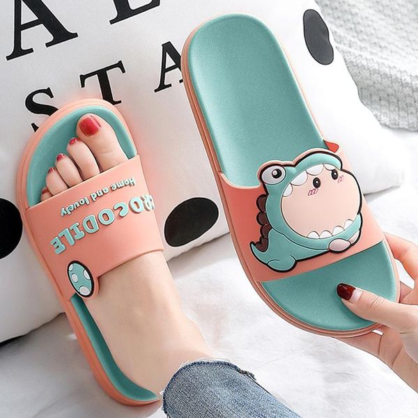 

slippers cute cartoon dinosaur women home bath summer cool non-slip ladies sandals house lovers rubber shoes men, Black