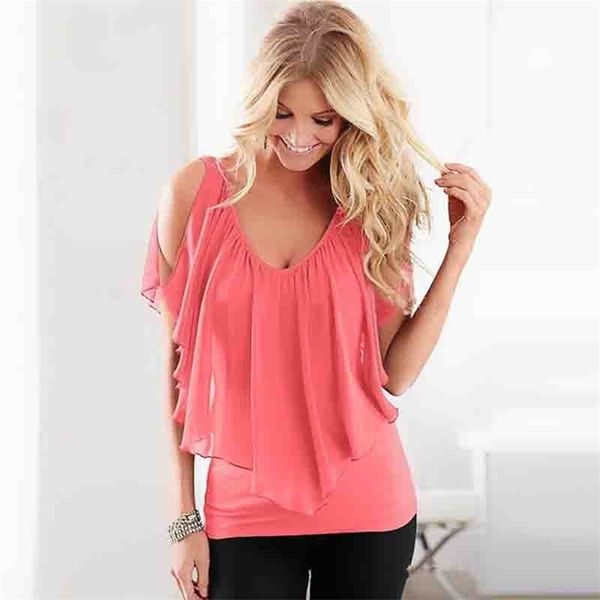 

spring summer fashion women's batwing sleeve t shirts lotus deep neck chiffon t-shirt ladies 210324, White