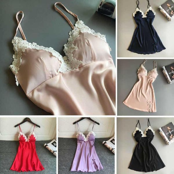 

women's sleepwear dress padded summer nightwear skirt women lace deep v-neck, Black;red