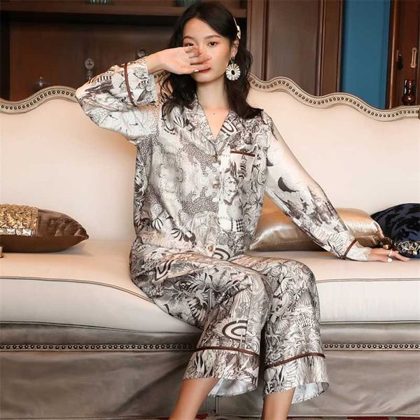 

maison gabrielle floral printed satin pajamas set women loungewear 2pcs long-sleeve stretchy loose luxury nightwear sleepwear 211007, Black;red