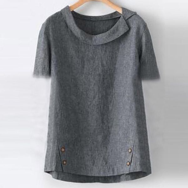 

women's t-shirt cotton linen buttons t-shirts lapel fashion casual oversized irregular short sleeve ropa mujer, White