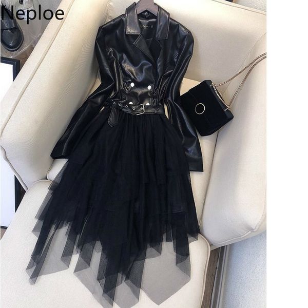 

neploe high waist irregular fake two pcs leather patchwork mesh dress slim waist belt solid vestido autumn spring ropa 48004 210319, Black;gray