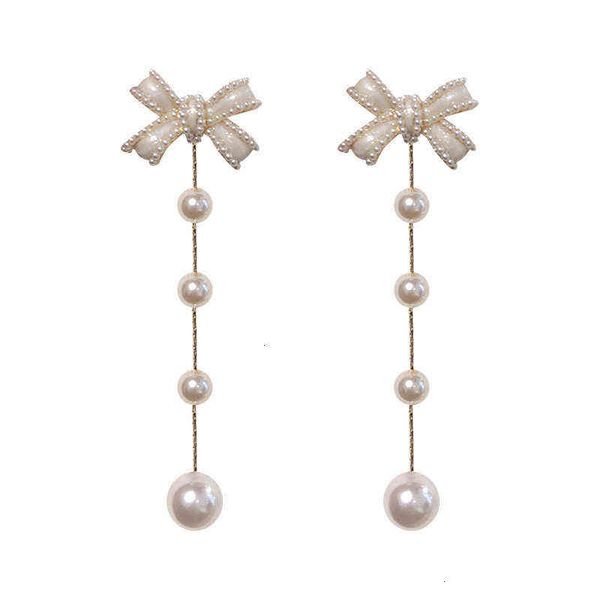 

french temperament pearl bow tassel long earrings minority high sense light luxury female summer earrings, Golden