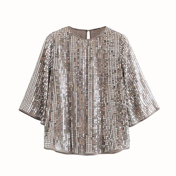 

women's blouses & shirts sequins shiny women 2021 o neck half sleeve party club female blusas mujer chic, White