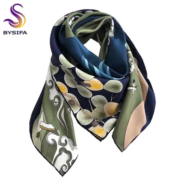 

[bysifa] 100% pure silk square scarf hijab fashion blue green women scarves shawl fall winter luxury brand neck scarf cape 210914, Blue;gray