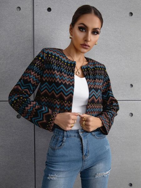 

geo print open front jacket h0dp#, Black;brown