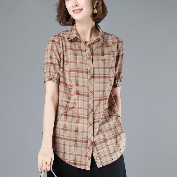 

women's blouses & shirts women spring summer style lady casual turn-down collar plaid printed short sleeve blusas zz0439, White