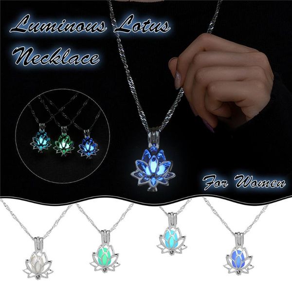 

pendant necklaces women's jewelry on the neck chain necklace yoga lotus flower glowing luminous stone for women collar mujer, Silver