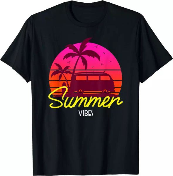 

summer vibes van surfboard sunset and palm trees t-shirt s - 5xl, White;black