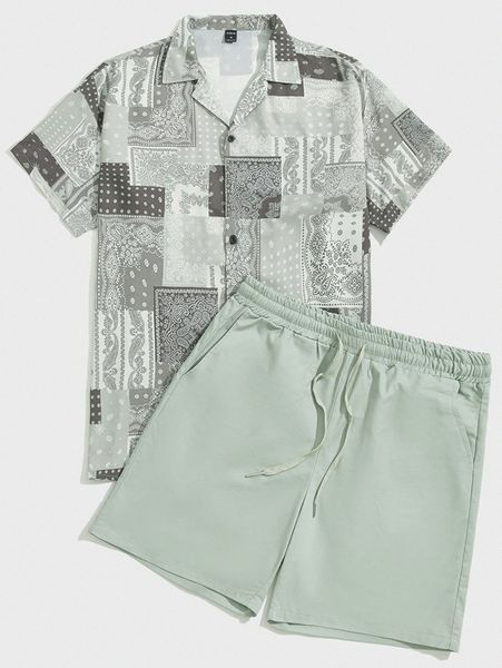 

men paisley & scarf print lapel neck shirt & shorts 28cu#, Gray