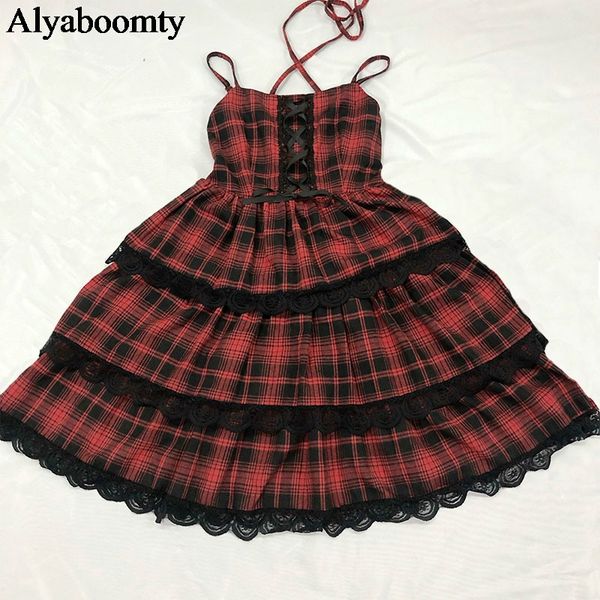 

2021japanese harajuku summer women streetwear sundress suspenders red plaid bandage dress gothic layered lace ruffles lolita dress, Black;gray