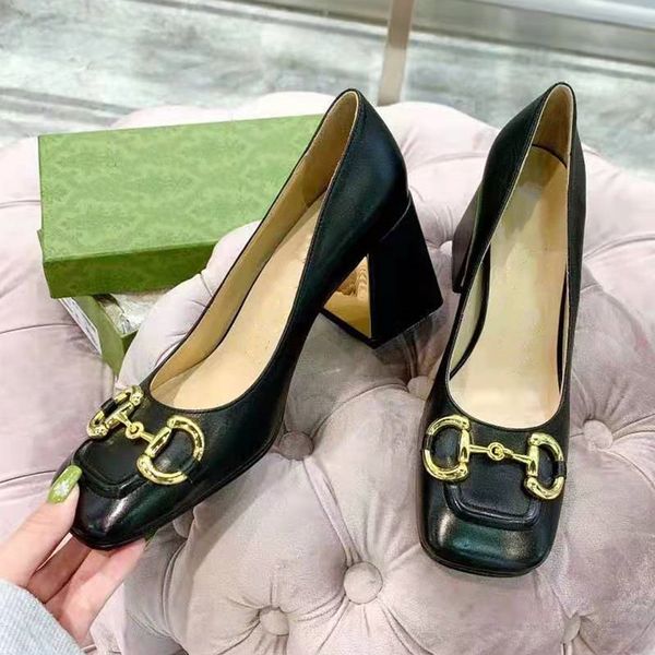 

Women Mid-heel Dress Shoes Square Shaped Toe Designer Lady Leather Sculpted Block Heel Rubber Sole Pump, Shoes dustbag