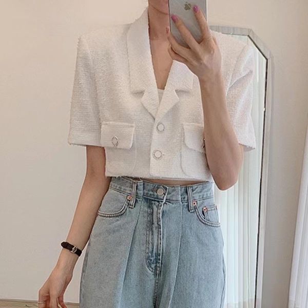 

women's jackets cbafu tweed women summer korea chic vintage loose suit collar short sleeve coat buttons pockets crop runway n228, Black;brown