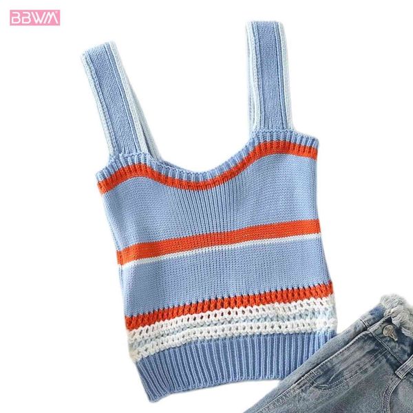 

spring women chic collar sleeveless slim fit vest vintage thin striped knitted sling female 210507, White