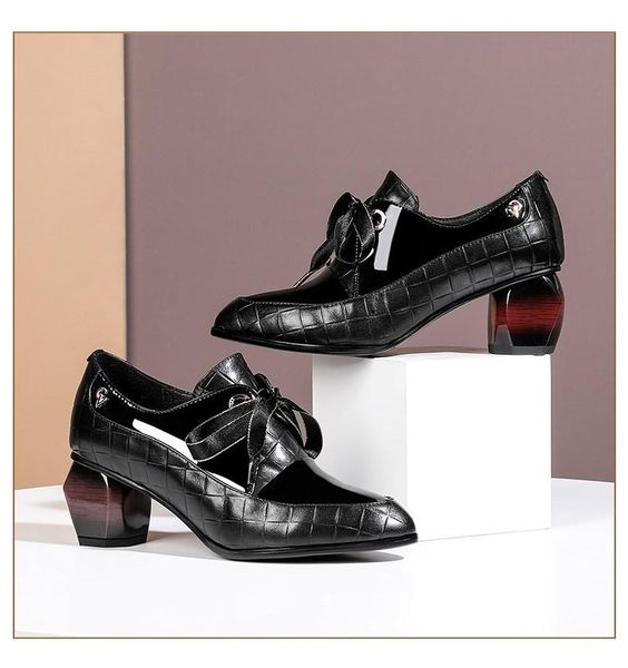 

dress shoes party casual 2021 autumn chunky heel pointed deep-mouth thin leather plus-sized lace-up semi-high heeled women's, Black