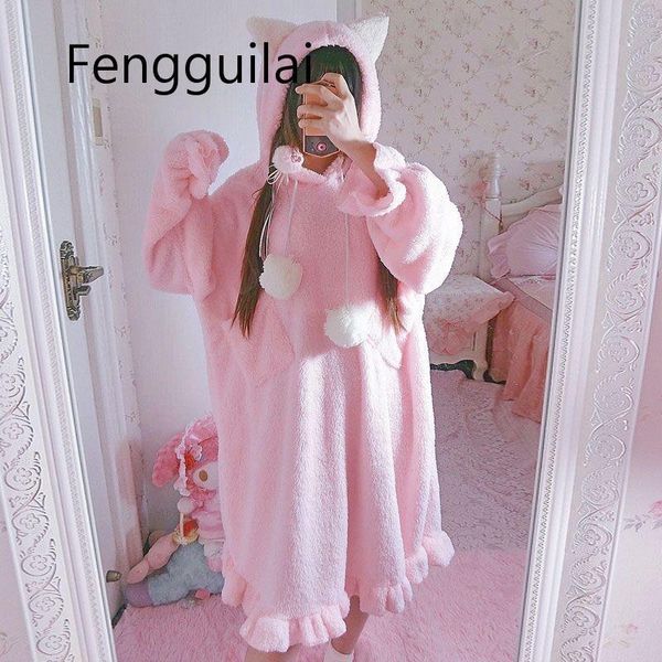 

casual dresses 2021 korean women's autumn winter cute dress sweet lovely japanese fresh cat ears plush loose long-sleeved nightdress pi, Black;gray