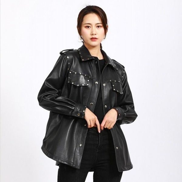 

women's leather & faux women autumn motorcycle genuine jacket punk rivets belt single breasted sheepskin coat female outerwear, Black
