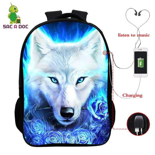 

backpack girl school bags child wolf nylon printing 3d waterproof student girls boys children's schoolbag usb charging backpacks