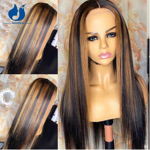 

amethyst silk straight highlight human hair wigs with baby brazilian remy 5x5 pu base closure blonde lace, Black;brown