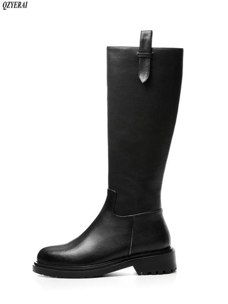 

boots 2021 autumn/winter the knee genuine leather women's knight european brands side zipper handmade, Black