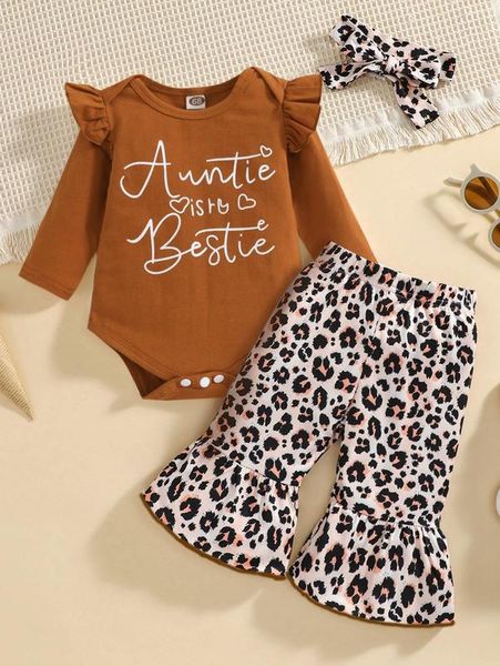 

baby slogan graphic bodysuit & leopard print flare leg pants & headband she, White