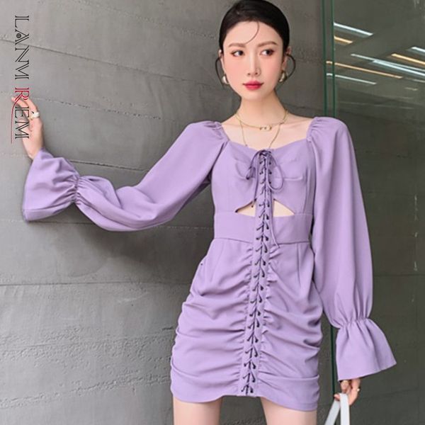 

women long flare sleeve high waist pleated dress square neck hollow out slim dresses fashion tide summer 2h038 210507, Black;gray
