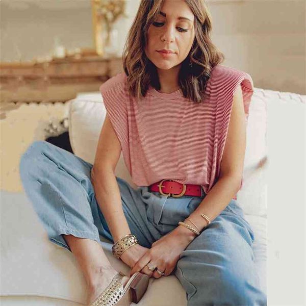 

spring and summer fashion sleeveless striped shoulder padded t-shirt women casual loose pullovers female streetwear 210517, White