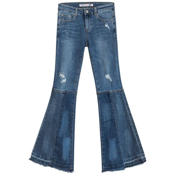 

women's jeans spring summer casual women female stretch patchwork tassel ripped hole flare pants , woman distressed slim denim trousers, Blue