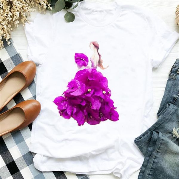 

floral lip elegant trend womens t shirt casual 90s print tee clothes female graphic, White