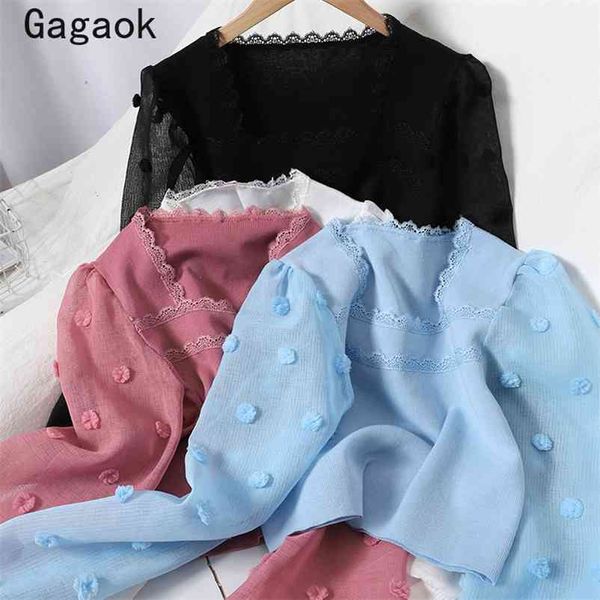 

sweater korean women spring autumn square collar puff sleeve short sweaters sweet chic wild pullovers 210531, White;black