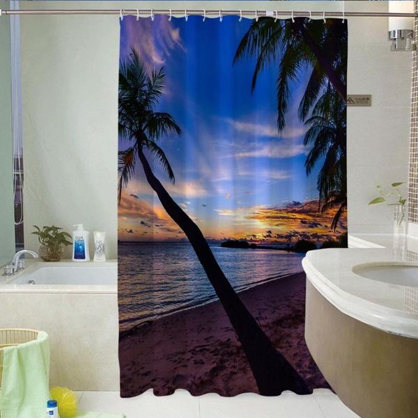 

printed shower curtain waterproof polyester multiple sizes seaside dusk scenery bath products bathroom decor with 12 hooks curtains