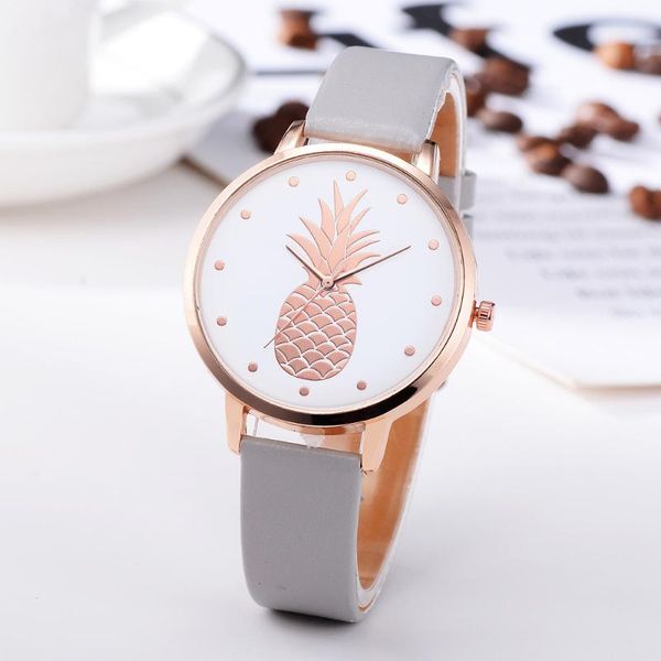 

wristwatches women watches pineapple pattern girl wrist watch fashion leather analog quartz lady female clock relogio feminino, Slivery;brown