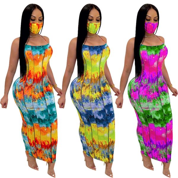 

2021 summer tie dye slim rope sling women's rib one-step dress, White