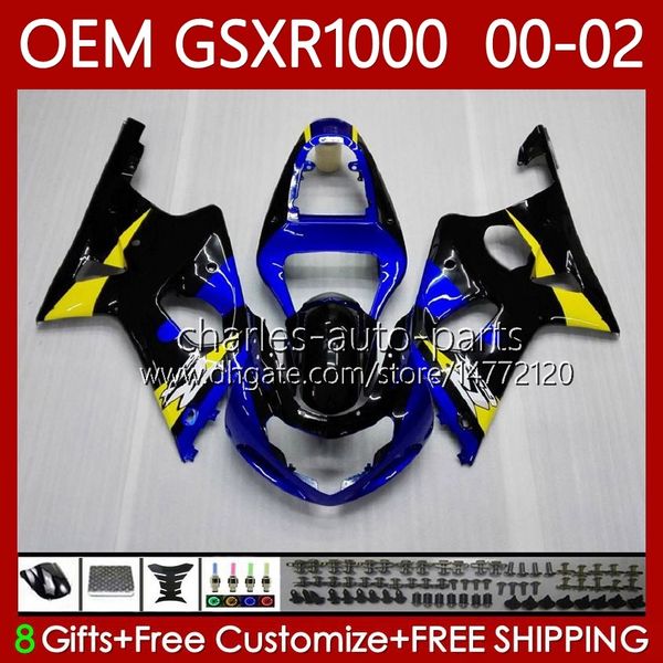 Kit de corpo de OEM para Suzuki GSXR 1000 CC GSXR-1000 01-02 Bodywork 62No.11 GSXR1000 K2 1000CC 2001 2002 2002 GSX-R1000 GSX R1000 00 01 02 Faires de Molde de Injeção Amarelo Azul