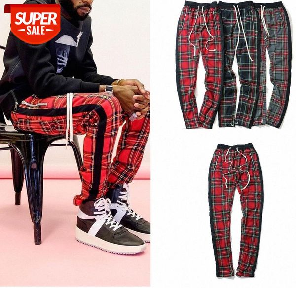 

street trousers fog long rope retro side zipper slim color matching plaid casual pants #8e79, Black
