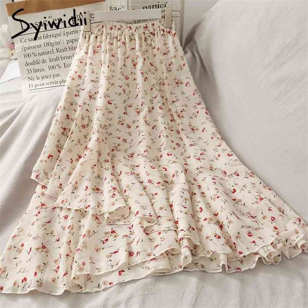 

boho floral print chiffon skirt for women elastic waist autumn summer fashion white black ruffles midi skirts 210607