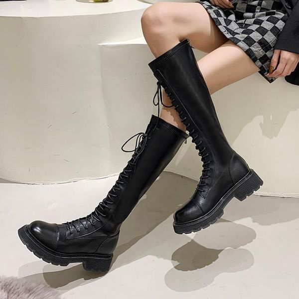 

boots rimocy fashion lace up platform knee high women 2021 soft pu leather motorcycle woman black thick heels long botas