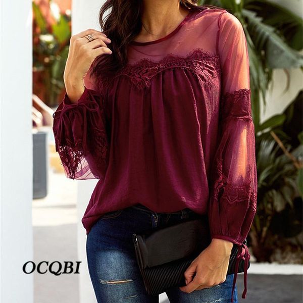 

women's blouses & shirts 2021 casual fashion women o-neck spring lace mesh patchwork lantern sleeves, White