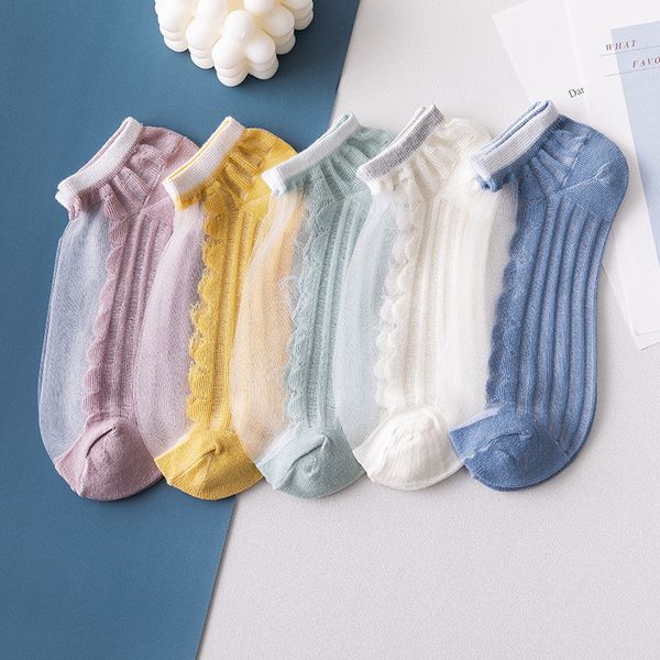 

2021 women's summer sawtooth glass silk card shallow mouth cotton bottom short tube stockings straight, Black;white