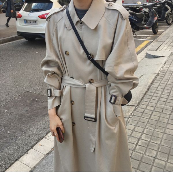 

british double breasted oversized long trench coat women windbreaker fashion female turn-down collar long overcoats 210422, Tan;black