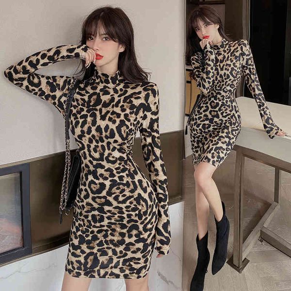 

autumn leopard long sleeve korea women night club party dresses skinny slim fit elegant ladies bodycon casual mini short dress, Black;gray