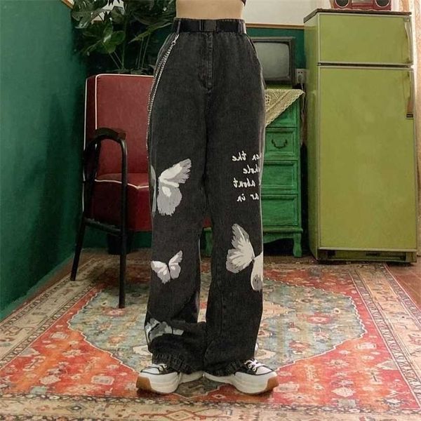 

favour vintage jeans fashion y2k aesthetic print woman loose streetwear casual high waist wide leg pant 211216, Blue