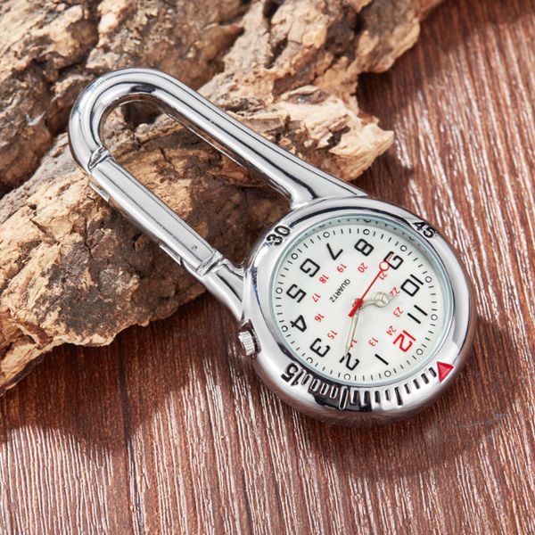 

luminous outdoor sport climbing clock clip-on carabiner pocket watch vintage big numerals display quartz movt reloj de bolsill, Slivery;golden