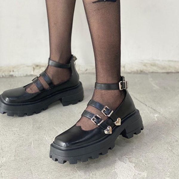 

dress shoes 2021 women block high heels shoe platform heart decoration small leather square toe solid color belt buckle, Black